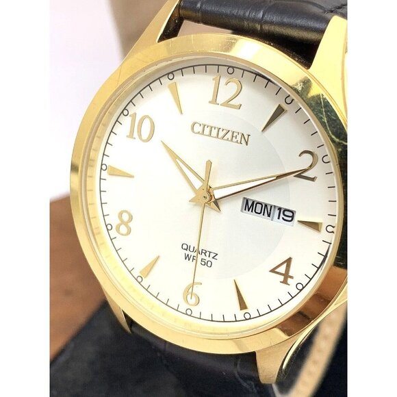 Citizen Men's Watch BF2003-25A Quartz Silver Dial Gold Case 41mm Black Leather